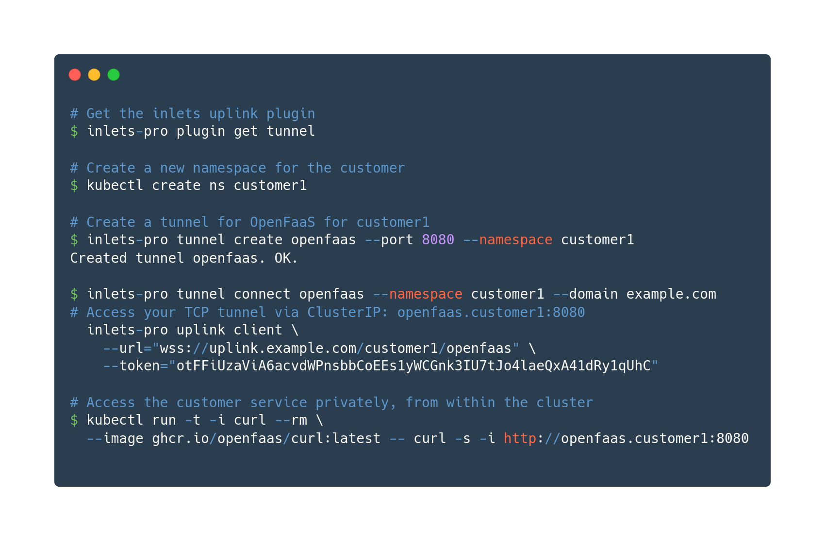 CLI commands to add a new customer tunnel with inlets uplnk